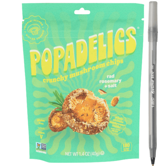 1x Popadelics Rad Rosemary + Salt Crunchy Mushroom Chips with pan