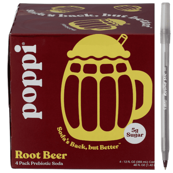 1x Poppi Root Beer Prebiotic Soda 4 Pack with pan