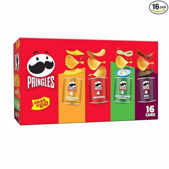 1x Pringles Potato Crisps Chips, Lunch Snacks, Office and Kids Snacks, Grab N' Go, Variety Pack (16 Cans)