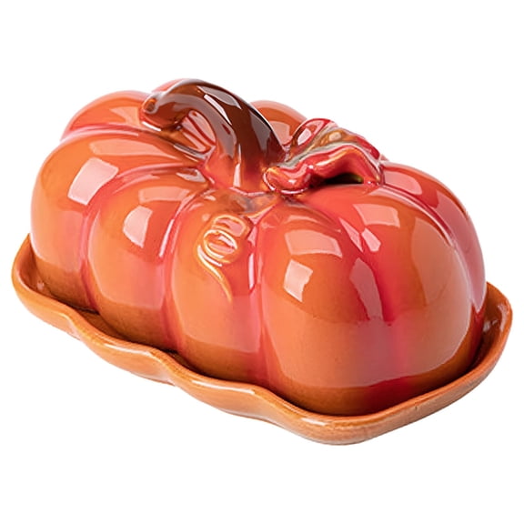 1x Pumpkin Butter Dish with Lid - Ceramic Serving Tray for Thanksgiving, (Orange)