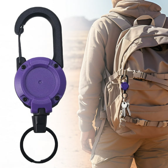 1x Retractable Badge Holder with Carabiner Clip & Key Ring,Retractable Keychain & ID Holder,Heavy Duty Retractable Badge Holder Reel,Plastic ID Badge Holder for Keys,Badges & Outdoor Work,Purple