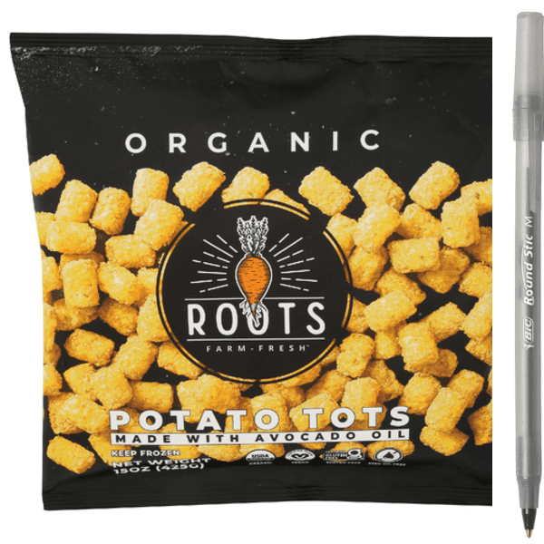 1x Roots Farm Fresh Organic Potato Tots Made With Avocado Oil with pen