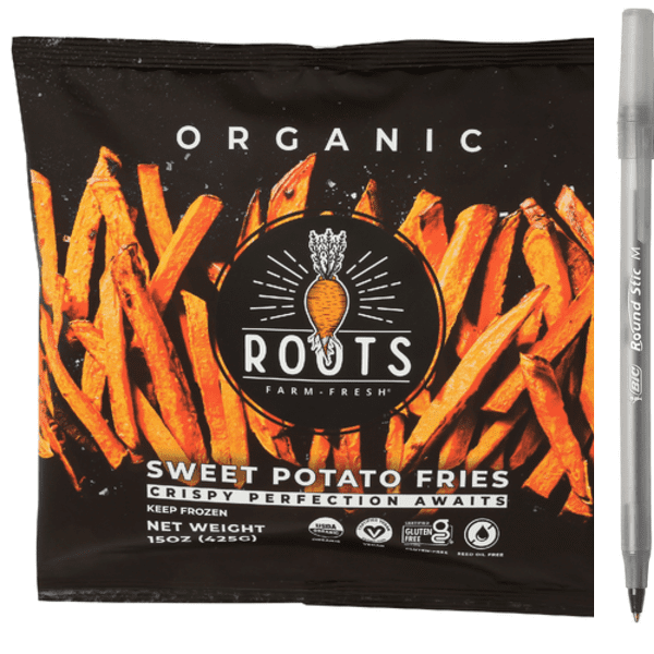 1x Roots Farm Fresh Organic Sweet Potato Fries Made With Avocado Oil with pen