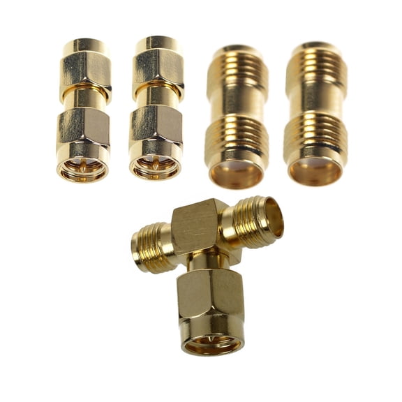 1x SMA Male to Two SMA Female Triple T Adapter & 2 Pcs SMA Male to SMA Male Plug+ 2 Pcs SMA Female to SMA Female,Gold