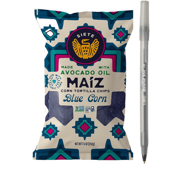 1x Siete Corn Tortilla Chips, Blue Corn, Totopos with pen