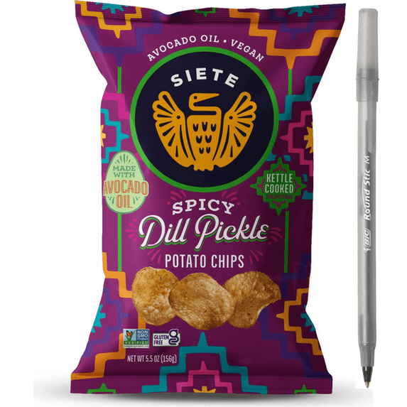 1x Siete Spicy Dill Pickle Potato Chips with pan