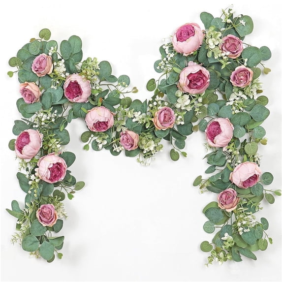1x Silk Rose Peony Hanging Vine,Fake Flower Garland Eucalyptus Garland ,Fake Floral Rose Vines for Wedding Party Arch Table Wall Backdrop Decoration,Lush Rose Peony Vines with Green Leaves,Pink,71"