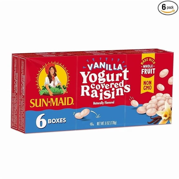 1x Sun-Maid Vanilla Yogurt Coated Raisins - (6 Pack) 1 oz Snack-Size Box - Yogurt Covered Dried Fruit for Lunches and Back To School Snacks