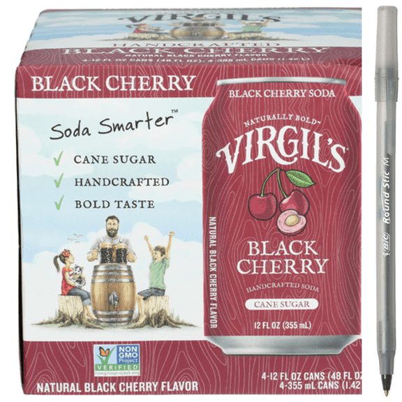 1x Virgil's Handcrafted Black Cherry Soda 4 Pack with pan