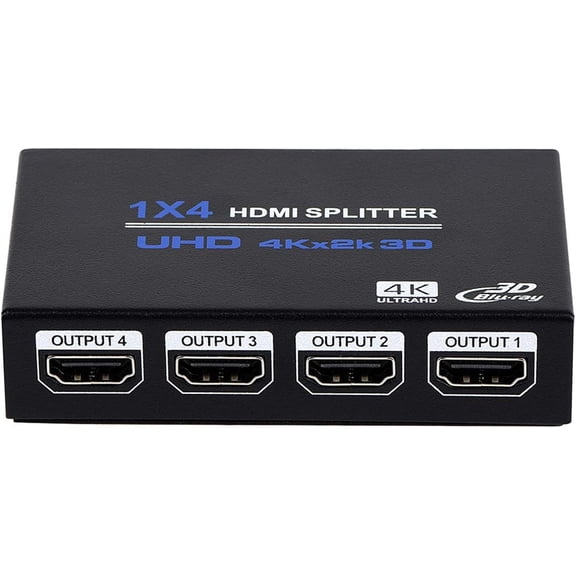 1x4 HDMI Splitter, 1 in 4 Out HDMI Splitter Audio Video Distributor Box Support 3D & 4K x 2K Compatible for HDTV, STB, DVD, PS3, Projector Etc, Duplicate/Mirror Screen Only (Not Extend)