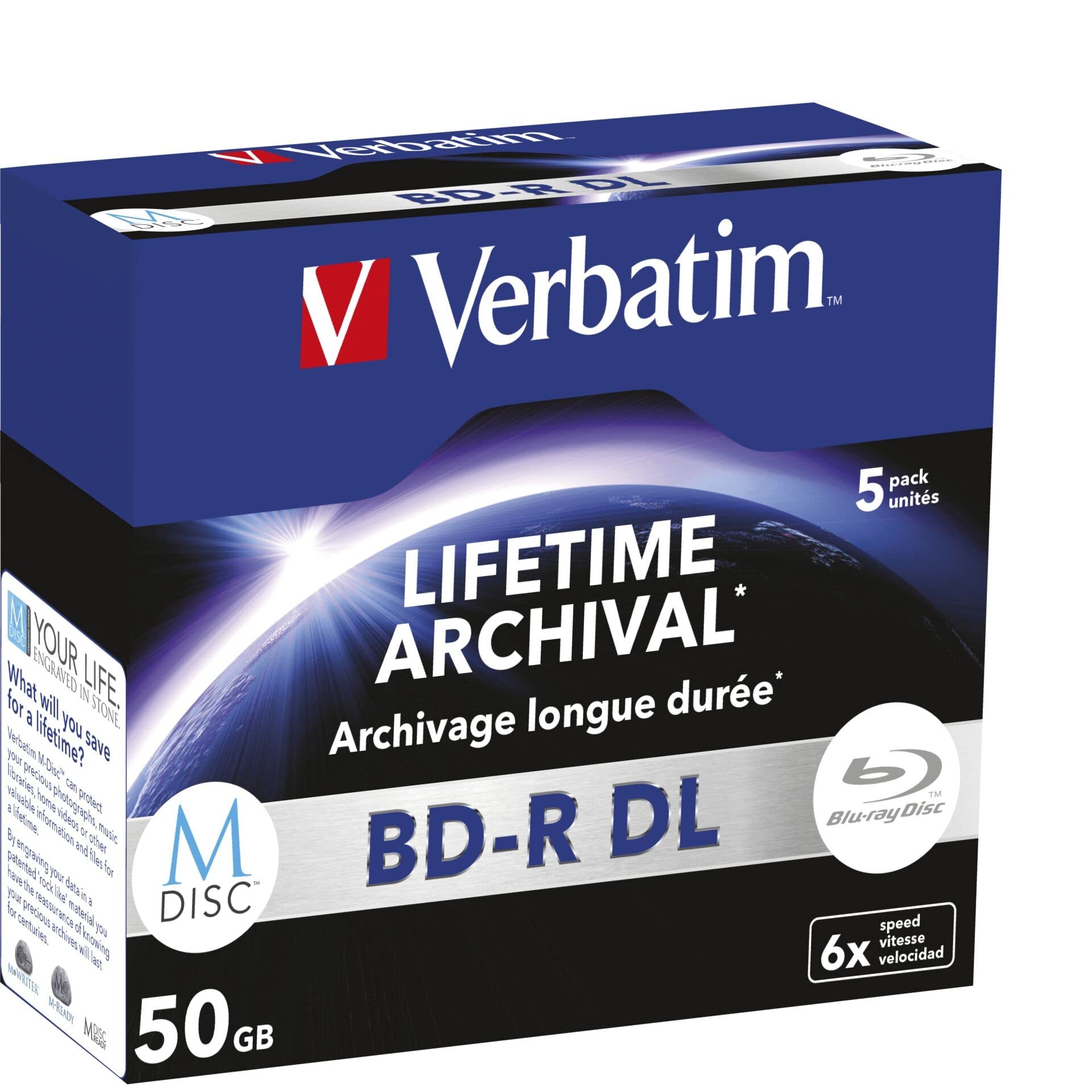 1x5 Verbatim M-Disc BD-R Blu-Ray 50GB 6X Speed, Jewel Case (Blu-ray)