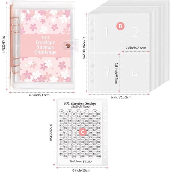 1xBook,100 Day Money Saving Challenge Flyer Pink,"100 Days Challenge! Loose Leaf Notebook 100 Envelope Challenge A Financial Plan to Help You Develop The Habit of Saving