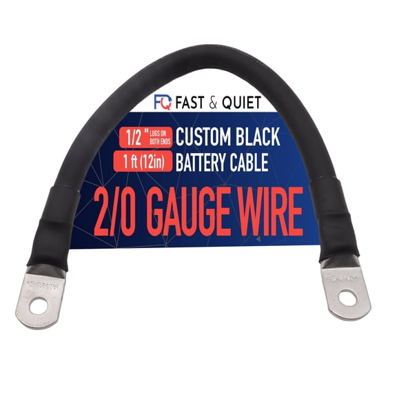 2/0 AWG Battery Cable with Terminals, Pure Copper Wire and Tin-Plated Copper Lugs, Auto, Solar Power Inverter, Welding, Golf Cart, Motorcycle (Black Wire, 1 FT (12 in), 1/2" Lugs on Both Ends, 1pc)