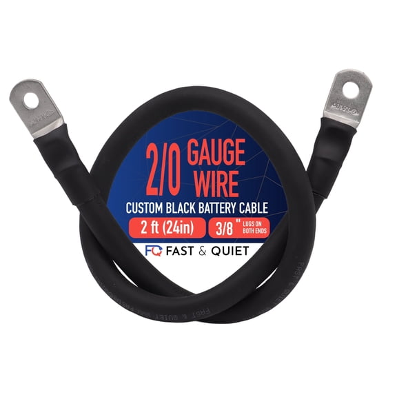 2/0 AWG Battery Cable with Terminals, Pure Copper Wire and Tin-Plated Copper Lugs, Auto, Solar Power Inverter, Welding, Golf Cart, Motorcycle (Black Wire, 2 FT (24 in), 3/8" Lugs on Both Ends, 1pc)