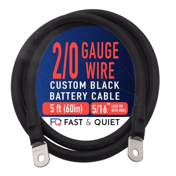 2/0 AWG Battery Cable with Terminals, Pure Copper Wire and Tin-Plated Copper Lugs, Auto, Solar Power Inverter, Welding, Golf Cart, Motorcycle (Black Wire, 5 FT (60 in), 5/16" Lugs on Both Ends, 1pc)