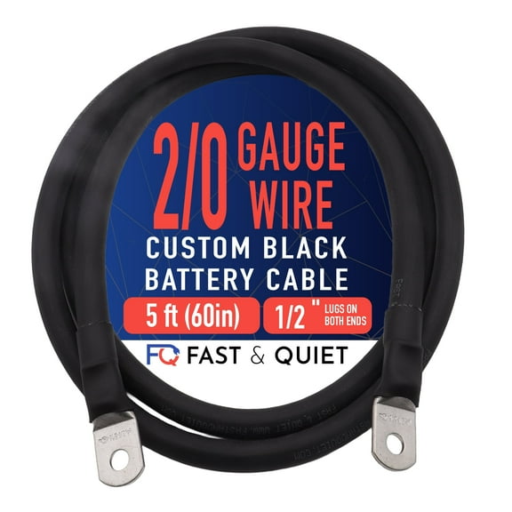 2/0 AWG Battery Cable with Terminals, Pure Copper Wire and Tin-Plated Copper Lugs, Auto, Solar Power Inverter, Welding, Golf Cart, Motorcycle (Black Wire, 5 FT (60 in), 1/2" Lugs on Both Ends, 1pc)