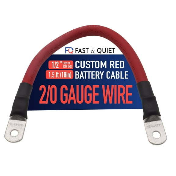 2/0 AWG Battery Cable with Terminals, Pure Copper Wire and Tin-Plated Copper Lugs, Auto, Solar Power Inverter, Welding, Golf Cart, Motorcycle (Red Wire, 1.5 FT (18 in), 1/2" Lugs on Both Ends, 1pc)