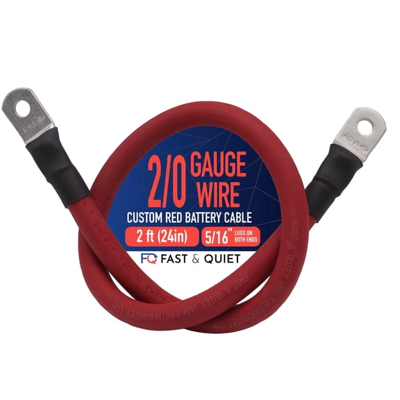 2/0 AWG Battery Cable with Terminals, Pure Copper Wire and Tin-Plated Copper Lugs, Auto, Solar Power Inverter, Welding, Golf Cart, Motorcycle (Red Wire, 2 FT (24 in), 5/16" Lugs on Both Ends, 1pc)