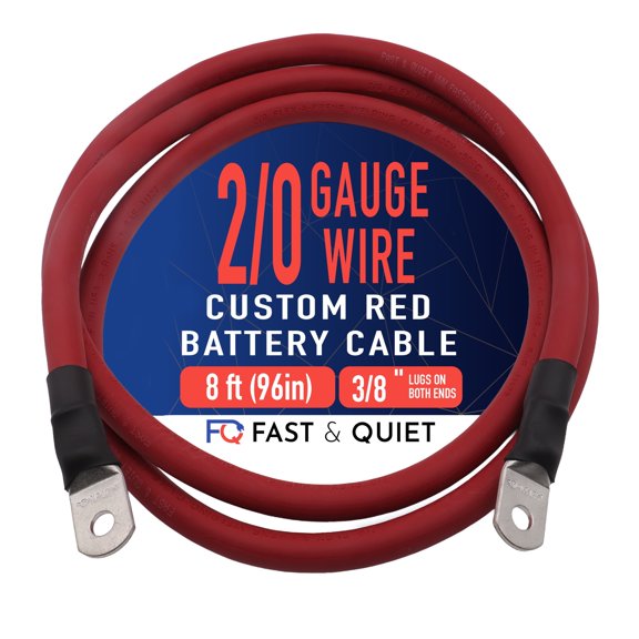 2/0 AWG Battery Cable with Terminals, Pure Copper Wire and Tin-Plated Copper Lugs, Auto, Solar Power Inverter, Welding, Golf Cart, Motorcycle (Red Wire, 8 FT (96 in), 3/8" Lugs on Both Ends, 1pc)