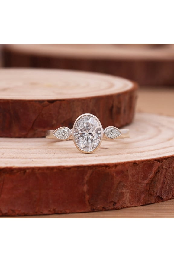 2.0 CTW Oval and Pear Cut Diamond 3 Stone Ring - Secure Bezel Set Engagement Band - High Quality Lab Diamond Alternative Wedding Jewelry for Her