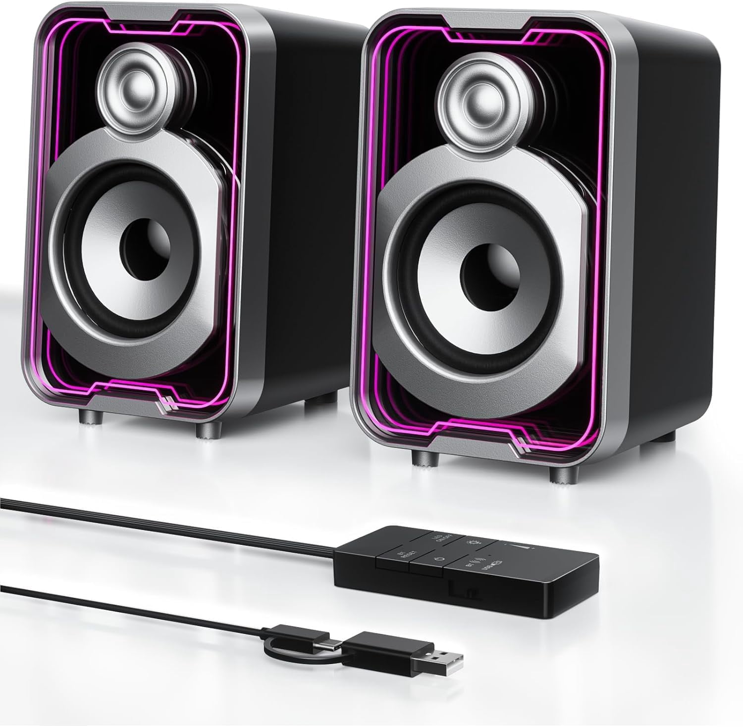 2.0 Computer Speakers, 10W USB-Powered Bluetooth Wired PC Speaker with Easy-Control Pod for Desktop, Tiny Desk Soundbar with 5 Mirror-Like LED Light Modes for Monitor Laptop Gaming Music Black