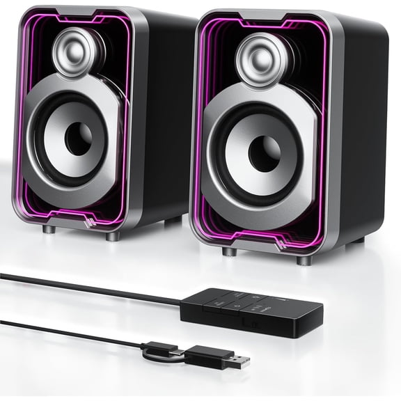 2.0 Computer Speakers, 10W USB-Powered Bluetooth Wired PC Speaker with Easy-Control Pod for Desktop, Tiny Desk Soundbar with 5 Mirror-Like LED Light Modes for Monitor Laptop Gaming Music Black
