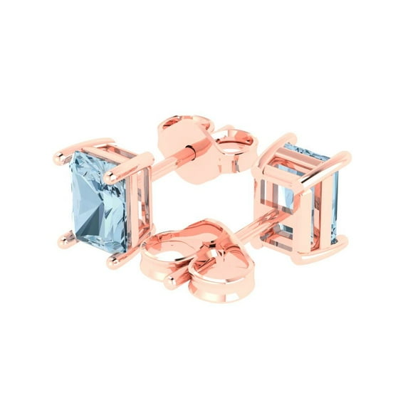 2.0 Ct Emerald Cut Studs Blue Natural Aquamarine 14K Rose Solid Solid Gold Everyday Dainty Earrings Push Back
