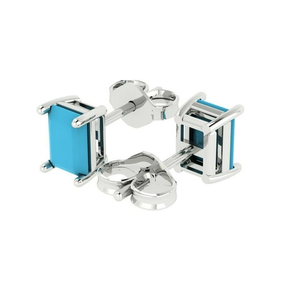 2.0 Ct Emerald Cut Studs Blue Turquoise 14K White Solid Solid Gold Everyday Dainty Earrings Push Back