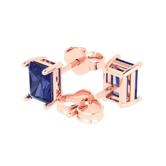 2.0 Ct Emerald Cut Studs Blue Tanzanite 18K Rose Solid Solid Gold Everyday Dainty Earrings Push Back