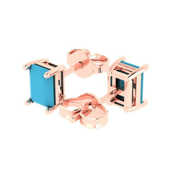 2.0 Ct Emerald Cut Studs Blue Turquoise 18K Rose Solid Solid Gold Everyday Dainty Earrings Push Back