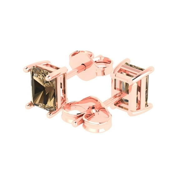 2.0 Ct Emerald Cut Studs Champagne Crystal 14K Rose Solid Gold Everyday Dainty Earrings Push Back