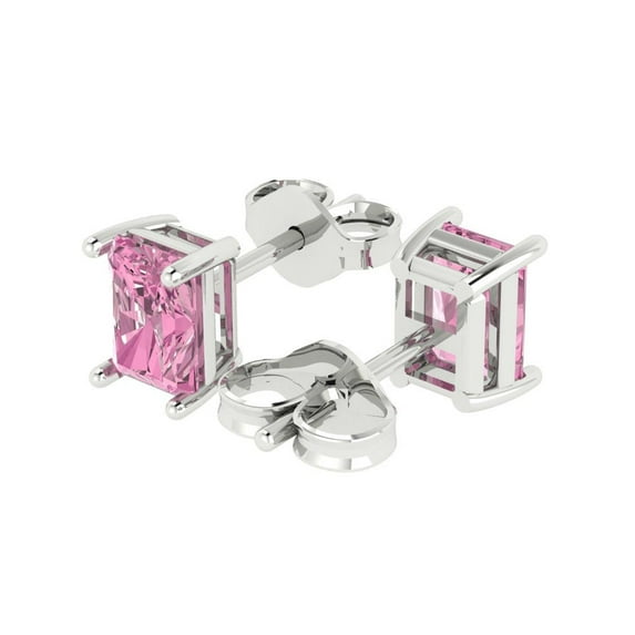 2.0 Ct Emerald Cut Studs Pink Crystal 14K White Solid Gold Everyday Dainty Earrings Push Back