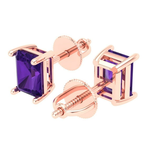 2.0 Ct Emerald Cut Studs Purple Natural Amethyst 18K Rose Solid Solid Gold Everyday Dainty Earrings Screw Back