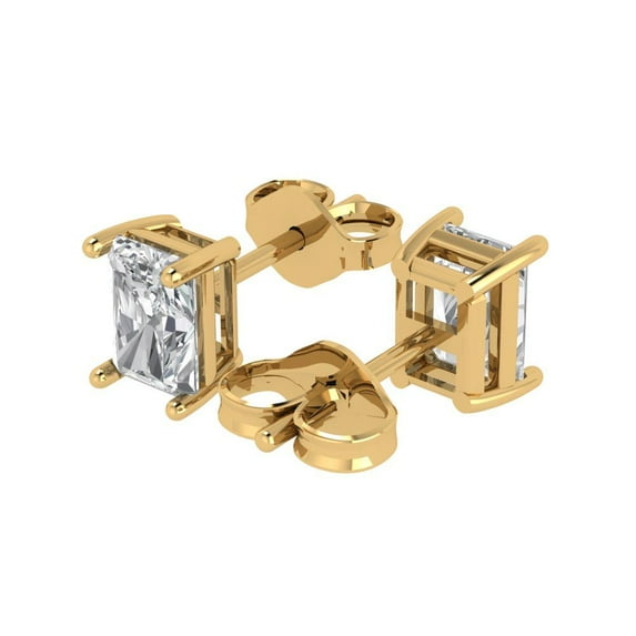 2.0 Ct Emerald Cut Studs White Sapphire 14K Yellow Solid Solid Gold Everyday Dainty Earrings Push Back