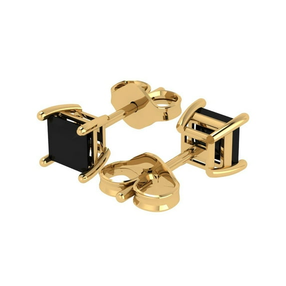 2.0 Ct Princess Cut Studs Black Natural Onyx 18K Yellow Solid Solid Gold Everyday Dainty Earrings Push Back