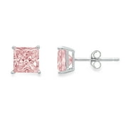 CLARA PUCCI 2.0 Ct Princess Cut Studs Pink Simulated Diamond 18K White Gold Earrings Push Back
