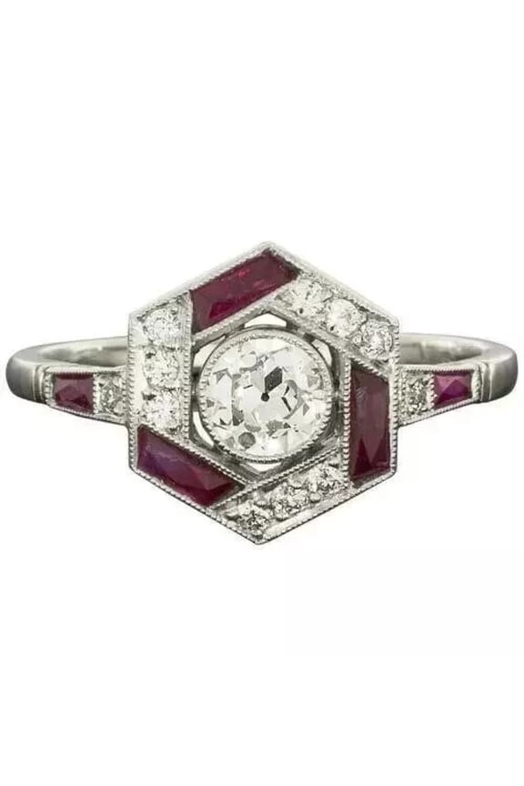 2.0 Ct Round Brilliant Cut Simulated Diamond Ring, Antique Hexagon Halo Ruby Diamond Ring, Bezel Set Diamond Ring, Solitaire Accents Ring, 14K White Gold Plated, Birthstone Ring