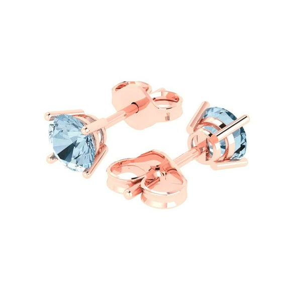 2.0 Ct Round Cut Studs Blue Natural Aquamarine 18K Rose Solid Solid Gold Everyday Dainty Earrings Push Back