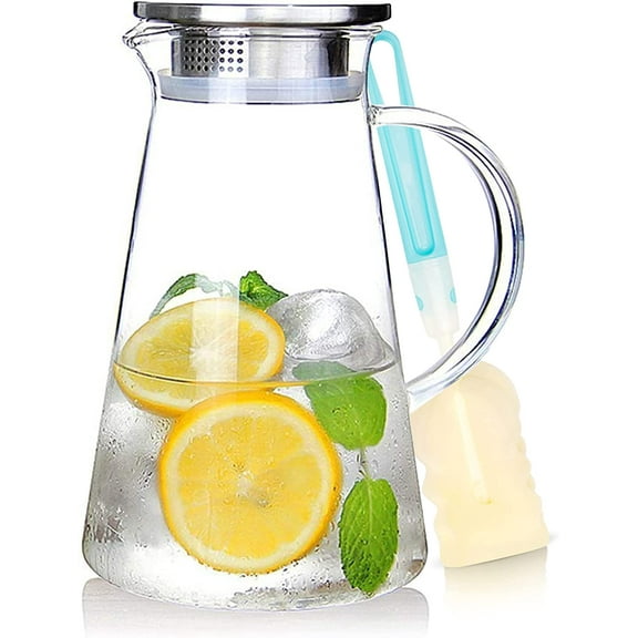2.0 Liter 68oz Glass Pitcher with Lid, Easy Clean Heat Resistant Water Carafe Handle for Hot/Cold Beverages - Water, Cold Brew, Iced Tea & Juice, With 1 Long-Handled Brush Included