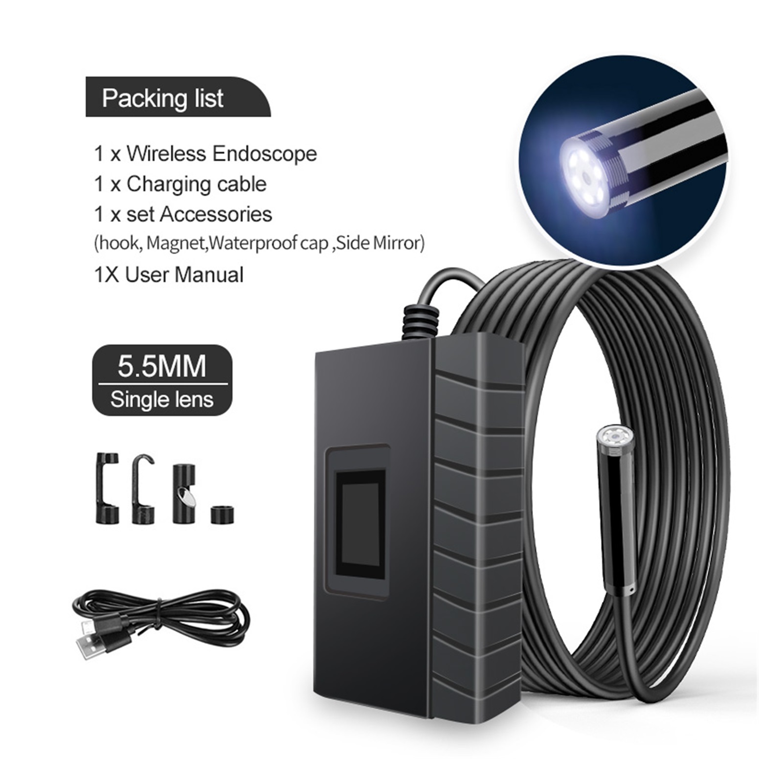 2.0 MP 1080P HD 5.5mm WiFi Industrial Endoscope Borescope IP67 Waterproof Semi-rigid Cable Snake Camera ,Various Applicable