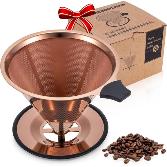 2.0 UpgradedPour Over Coffee Dripper, Stainless Steel Drip Cone Brewer, Reusable Metal Coffee Strainer with Non-Slip Ring & Handle, Paperless Pour Over Coffee Maker (2.0 Titanium Copper)