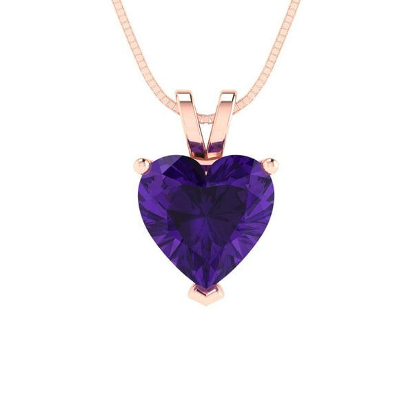 2.0 ct Brilliant Heart Cut Solitaire Natural Amethyst 14k Rose Gold Pendant with 18" Chain