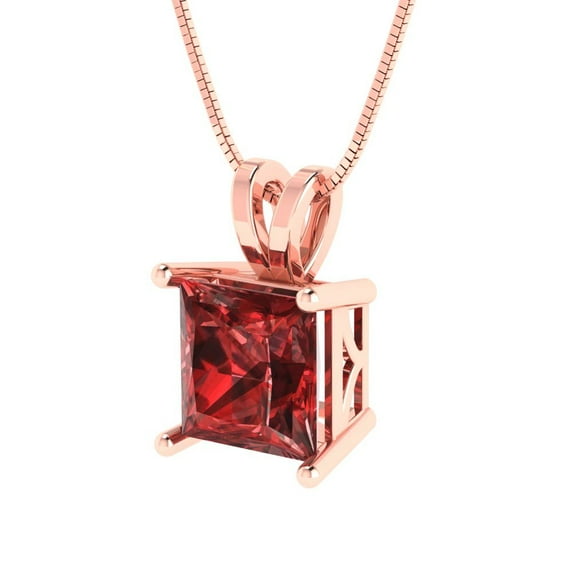 2.0 ct Brilliant Princess Cut Solitaire Natural Garnet 14k Rose Solid Gold Everyday Affordable Designer Necklace Pendant with 16" Chain
