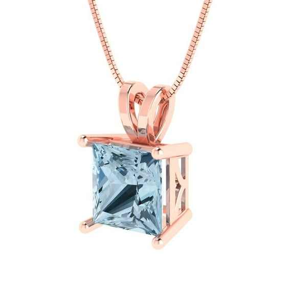 2 cctw Simulated Blue Diamond Rose Gold Plated Pendant with 18" Box Chain (7.0mm, Princess Cut)