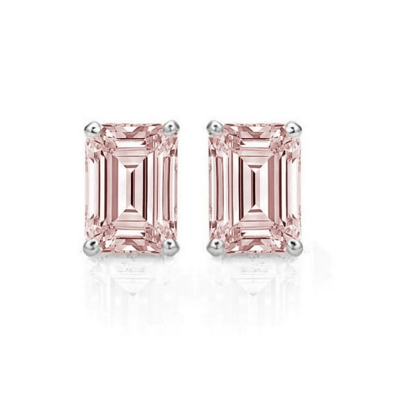 2.0 ct Emerald Brilliant Cut Solitaire Pink Simulated Diamond Stud Earrings 14k White Gold Plated