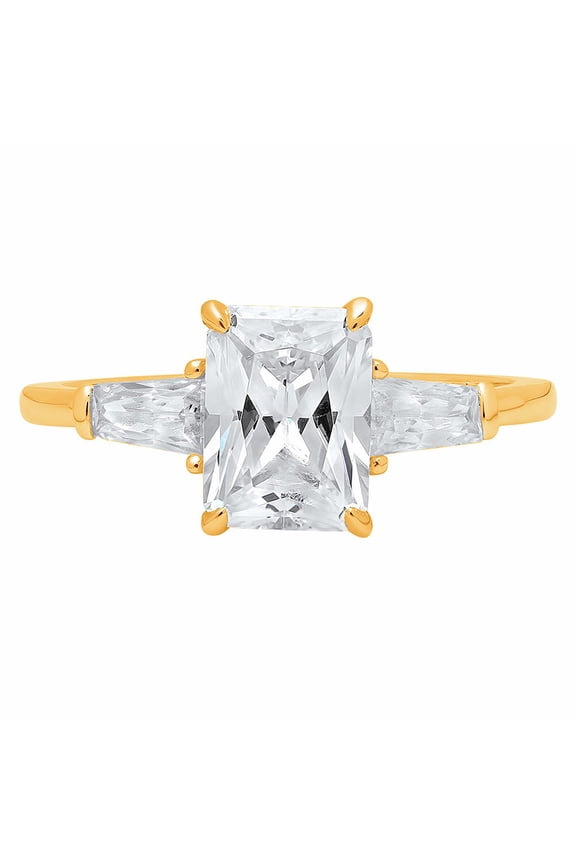 2.0 ct Emerald Cut Genuine Cultured Diamond VS1-VS2 I-J 18K Yellow Gold Three-Stone Promise Wedding Statement Engagement Designer Ring size 4