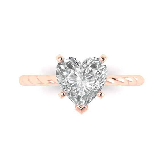 2.0 ct Heart Cut Clear Crystal 14k Pink Rose Gold Engraving Statement Bridal Wedding Solitaire Designer Ring Size 7.5