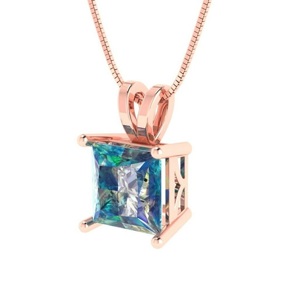 2.0 ct princess cut blue moissanite 14k pink rose hypoallergenic Solid gold Designer Everyday Affordable Dainty Necklace Pendant + 18" hypoallergenic Solid gold chain