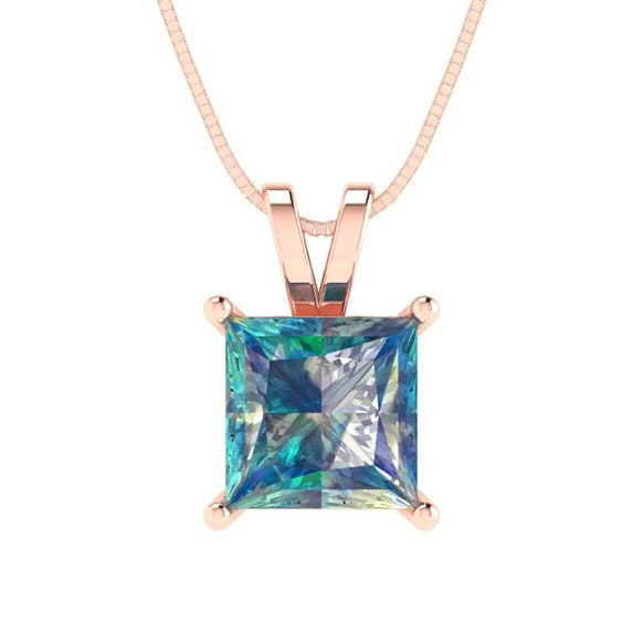 2 cctw Blue Moissanite Rose Gold Plated Pendant with 18" Box Chain (7.0mm, Princess Cut)