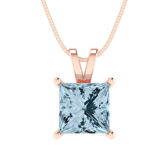 2.0 ct princess cut natural swiss blue topaz 14k pink rose hypoallergenic Solid gold Designer Everyday Affordable Dainty Necklace Pendant + 16" hypoallergenic Solid gold chain
